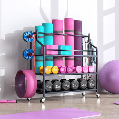 Yoga Mat Storage Rack Cart Multifunctional large Capacity Dumbbell Stable Steel Rolling Storage rack for Large Rolling Kettlebells Rope,Home Gym Workout Organizer Fitness Sports for Home