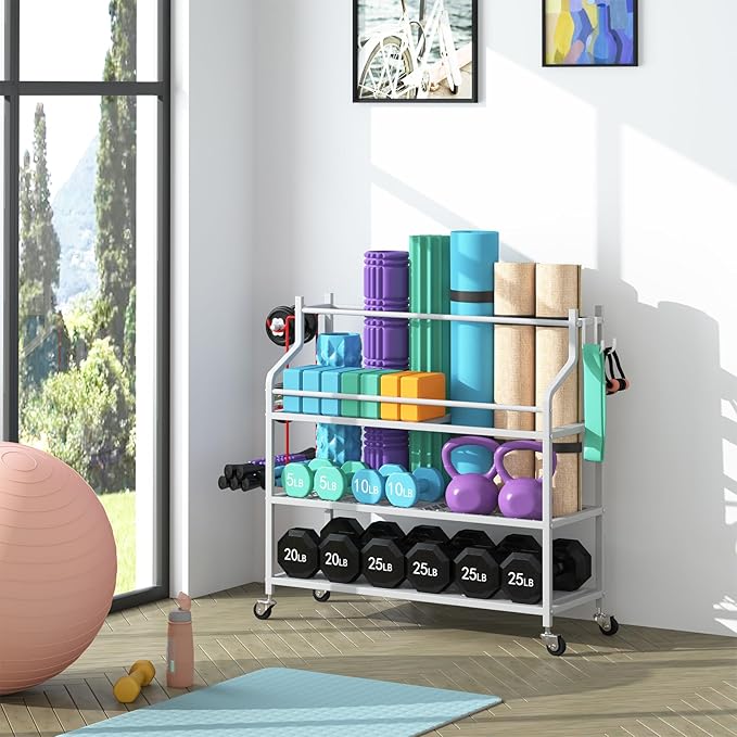 VILAWLENCE Yoga Mat Storage Rack Cart,Home Gym Multifunctional Removable Rack for Dumbbells Kettlebells Rope,Large Capacity Organizer Storage Cart for Home Exercise Equipment