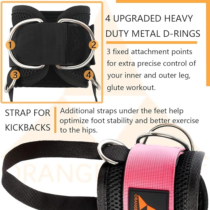 Ankle Strap for Cable Machine (Pair) Adjustable Comfort 4 D-Rings,