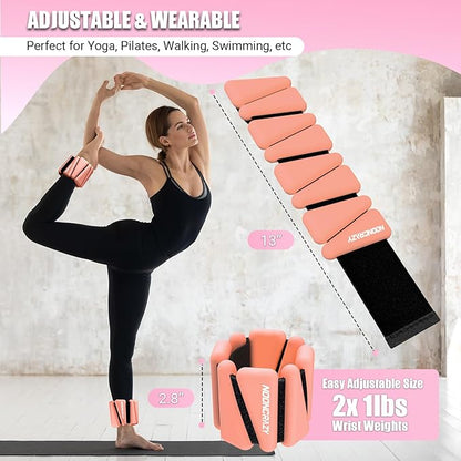 Wrist Ankle Weights Bangles 2lb for Women, Adjustable Silicone Pilates Weights Bracelet, Heavy Duty Fasteners Wearable Arm & Leg Weights for Yoga, Pilates, Barre, Walking and Gym (Set of 2)