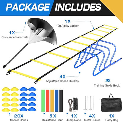 Agility Ladder Football Training Equipment Set 20ft 12 12 Rungs 4 Hurdles, 20 Cones, 5 Resistance