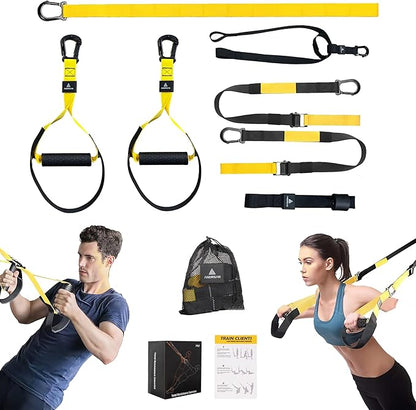 Home Resistance Training Kit, Resistance Trainer Fitness Straps for Full-Body Workout, Bodyweight Resistance Bands with Handles, Door Anchor, Workout Guide for Home Gym (Resistance) (Black, Yellow)