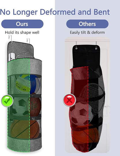 Over The Door Hanging Sports Equipment Organizer, Ball Storage, Garage Sports Equipment Organizer, Back of Door Storage Organizer for Basketball, Football, Volleyball, Tennis, and Toy Storage