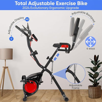 YYFITT 3-IN-1 Exercise Bike with Luminous Digits Display | Folding Stationary Bikes for Home Seniors | Compact Workout Bike with Fully Support Backrest - Wider Seat - 16 Level Magnetic Resistance