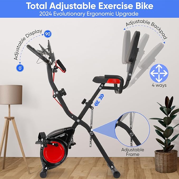 YYFITT 3-IN-1 Exercise Bike with Luminous Digits Display | Folding Stationary Bikes for Home Seniors | Compact Workout Bike with Fully Support Backrest - Wider Seat - 16 Level Magnetic Resistance