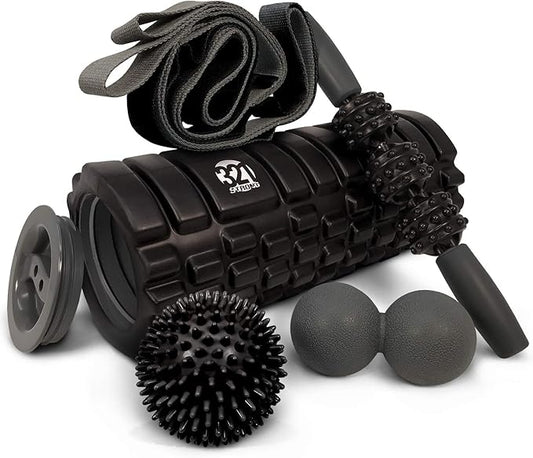 321 STRONG 5 in 1 Foam Roller Set Includes Hollow Core Massage Roller with End Caps, Muscle Roller Stick, Stretching Strap, Double Lacrosse Peanut, Spikey Plantar Fasciitis Ball, All in Giftable Box