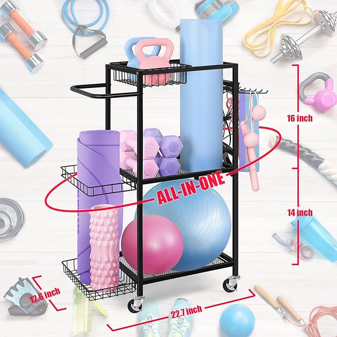 LIANTRAL Dumbbell Rack, Yoga Mat Storage Rack, Workout Equipment Storage Rack for Dumbbells Kettlebells Yoga Mat and Balls, Home Gym Storage Organizer with Hooks and Wheels