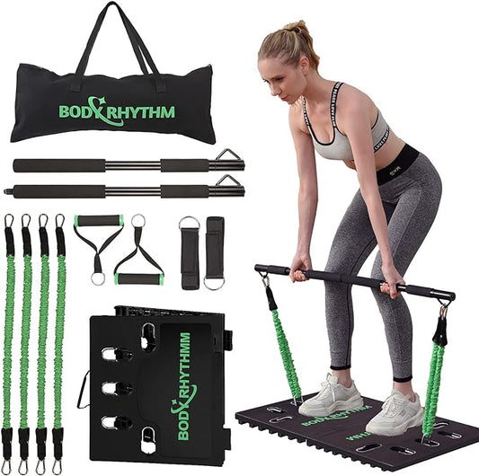 BODY RHYTHM Portable Home Gym Workout Equipment - Includes 150 lbs Resistance Bands, Collapsible Bar, Handles and More - Full Body Workouts System for Women & Men.