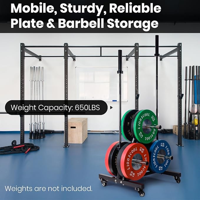 LIONSCOOL 2-Inch Olympic Weight Plate Tree and 2 Barbell Holders, Bumper Plate Storage Rack with Optional Wheels, 650LBS/1000LBS Weight Capacity Available