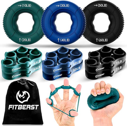 FitBeast Grip Strength Trainer, Finger Exerciser, Forearm Strengthener 9-Piece Kit, Hand Grip Strengthener Targeted Strength, Relief & Recovery