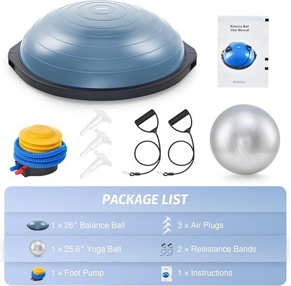 ZELUS 25in. Balance Ball | 1500lb Inflatable Half Exercise Ball Wobble Board Balance Trainer w Nonslip Base | Half Yoga Ball Strength Training Equipment w 2 Bands, Pump, Extra Ball Included