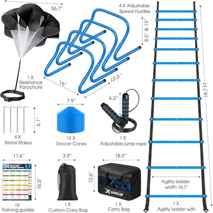 Agility Ladder Speed Training Equipment Set-20ft Agility Ladder,12 Soccer Cones,4 Hurdles, Jump Rope, Running Parachute| Basketball Football Soccer Training Equipment for Kids Youth Adults