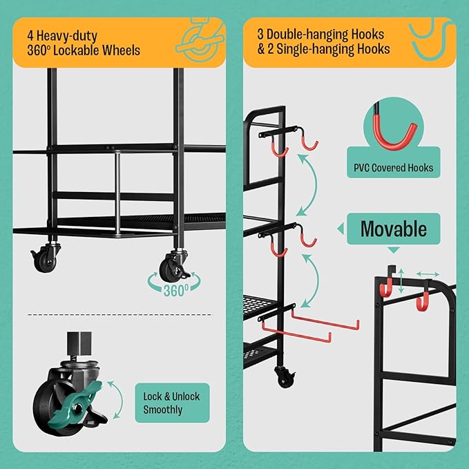 Yes4All All-in-1 Home Gym Storage Rack, Exercise Equipment Organizer - Yoga Mat, Foam Roller, Dumbbells Kettlebells and Weight Rack for Home Gym, Workout Organization Cart with Hooks and Casters