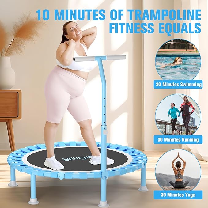 40" Fitness Mini Trampoline with Adjustable Handle Bar, 330lbs Foldable Bungee Rebounder for Adults and Kids, Stable & Quiet Exercise Rebounder Indoor Workout