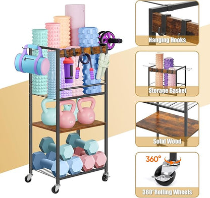 Home Gym Storage Rack, Yoga Mat Storage Racks, Workout Equipment Storage Organizer for Yoga Ball Dumbbell Kettlebells Foam Roller Resistance Bands, Exercise Shelf with Hooks and Wheels