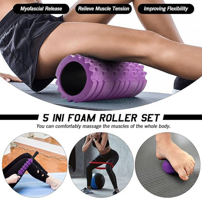 5 in 1 Foam Roller Set, Trigger Point Foam Roller Patented, Massage Roller Stick, Massage Ball, Stretching Strap for Deep Tissue Massager for Muscle Pilates Yoga Whole Body