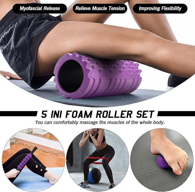 5 in 1 Foam Roller Set, Trigger Point Foam Roller Patented, Massage Roller Stick, Massage Ball, Stretching Strap for Deep Tissue Massager for Muscle Pilates Yoga Whole Body