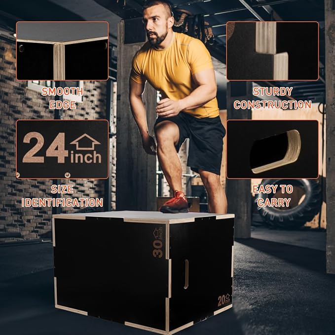 Plyo Box 3 in 1 Box Jumps for Home Gym Wooden Plyometric Jump Box for Jumping Conditioning Strength Training - 30x24x20 Inch