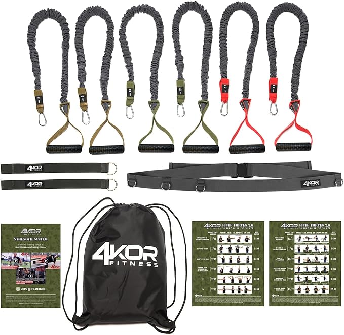 Resistance Cord Set by 4KOR Fitness, with Protective Nylon Sleeves, Handles, Anchors, and Carrying Bag. Perfect for Dynamic Warmups, CrossFit, and Rehab