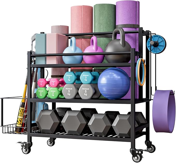 Dumbbell Rack,Weight Racks for Dumbbells,Yoga Mat Storage Rack,Home Gym Storage Racks for Foam Roller Kettlebells ball,Workout Equipment Storage Organizer With Hooks and Wheels