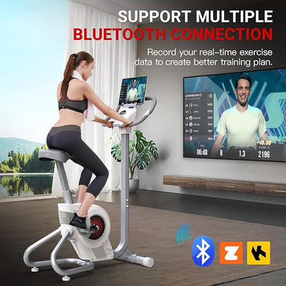 HARISON Electromagnetic Self-powered Upright Exercise Bike, 2 in 1 LED Display for Resistance Control and Data Record, 350 LBS Capacity Stationary Bike for Home with Bluetooth, 32-Level Resistance