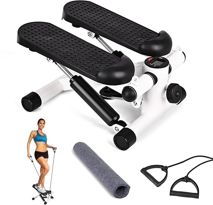 Steppers for Exercise at Home,Adjustable Height Mini Stepper with Resistance Bands,Hydraulic Fitness Stair Stepper with LCD Monitor, Exercise Equipment for Full Body Workout (Included Mat)