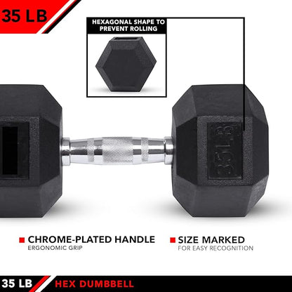 JFIT Rubber Hex Dumbbells - 8 Size Options - Hex Shaped Heads Prevent Rolling and Injury - Ergonomic Hand Weights for Exercise, Muscle, Strength and Weight Training