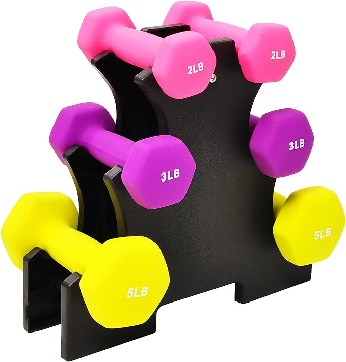 Signature Fitness Neoprene Dumbbell Hand Weights, Anti-Slip, Anti-roll, Hex Shape Colorful, Pair or Set with Stand