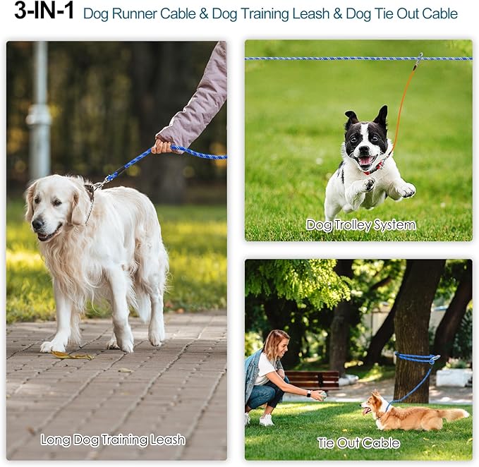 Snagle Paw 200FT Dog Runner for Outside 3 in 1, Long Dog Training Leash with Handle for Small Medium Large Dogs, Reflective Rope Dog Tie Out Cable for Yard,Park,Camping (Blue for 1 Dog)