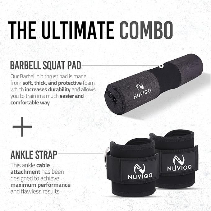 Barbell Pad & 2 Ankle Straps for Cable Machine - Gym Accessories for Women and Men - Perfect for Cable Kickbacks, Leg Extensions & Squats - Workout Attachments for Home