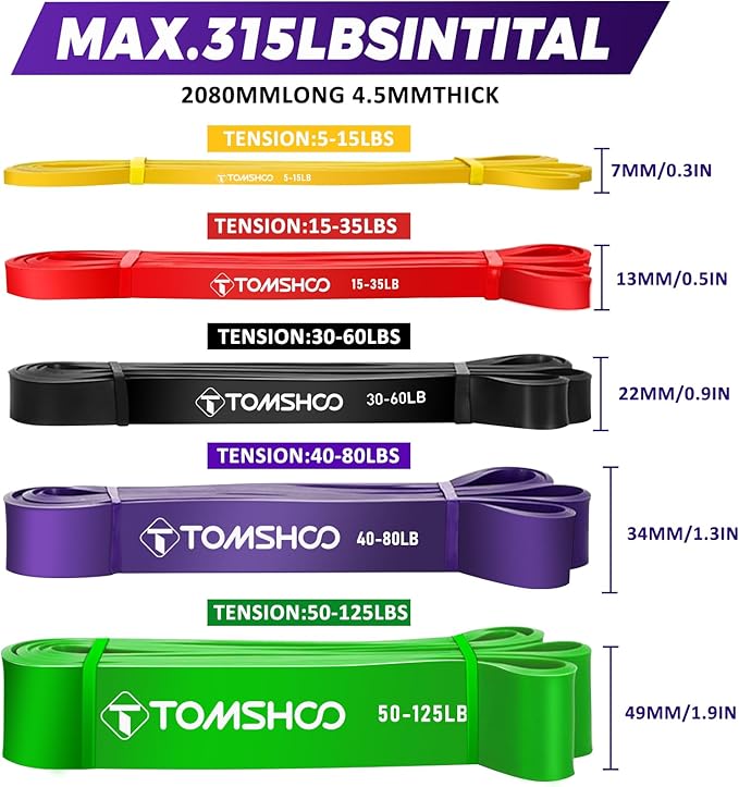 TOMSHOO 5 Packs Pull up Assist Bands, Resistance Bands with Straps Handles and Door Anchor, Stretch Bands,Exercise Bands with Guide for Fitness