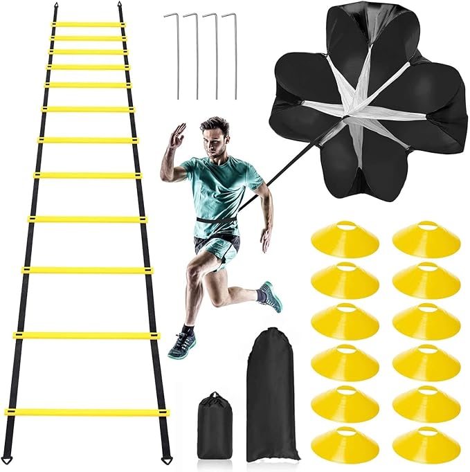 Pro Speed & Agility Training Set—Includes 12 Rung 20ft Adjustable 12 Disc 4 Steel 1 Resistance