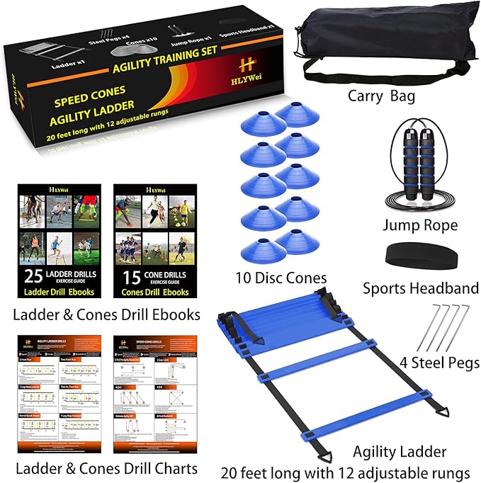 Speed Agility Training Set, includes 1 Agility Ladder, 4 Steel Stakes, 1 Sports Headband,1 Jump Rope, 10 Disc Cones and Gym Carry Bag - Speed Training Equipment for Soccer Football Basketball