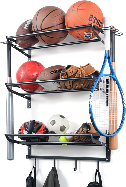 XCSOURCE Garage Sports Equipment Storage Rack with 3 Separate Shelf, Ball Rack, Sport Equipment Organizer with 4 Hooks for Badminton Racket, Basketball Rack for Basketball Football Rugby