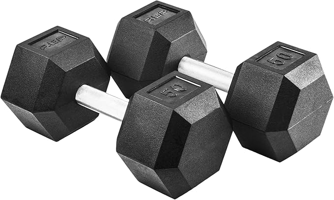 Rep Fitness Rubber Hex Dumbbell(s) - Singles (55LB +) and Pairs (5LB - 50LB) - Low Odor, Fully Knurled Handle