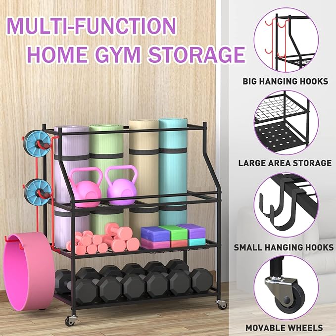 Yoga Mat Storage Rack Cart Multifunctional large Capacity Dumbbell Stable Steel Rolling Storage rack for Large Rolling Kettlebells Rope,Home Gym Workout Organizer Fitness Sports for Home