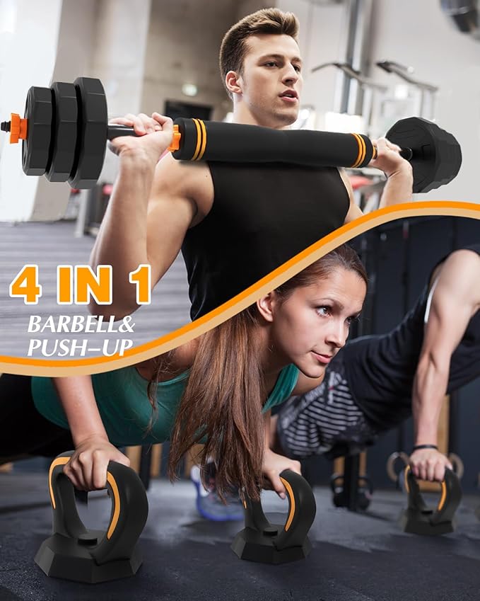 HTK Adjustable Weight Dumbbell Set - 4 in 1 Free Weight Set with Connector - Dumbbells, Barbells, Kettlebells, Push-Up Bars for Full Body Workout and Muscle Toning