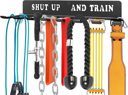 Black Rack 8 Hooks Metal Heavy-gauge Workout Rack Wall Mount Organizer Multi-Purpose Workout Gear Storage for Sports Gears Barbells Lifting Belt Fitness Band Carabiners Included With Uplifting Words