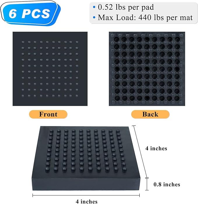 BXI Exercise Equipment Mat - 4 x 4 x 0.8 Inches 6 Pcs Non Slip Noise Reduction Anti Vibration Treadmill Stationary Bike Mats, Heavy Duty Thick Steel Embedded Rubber Pad for Hardwood Floors & Carpet