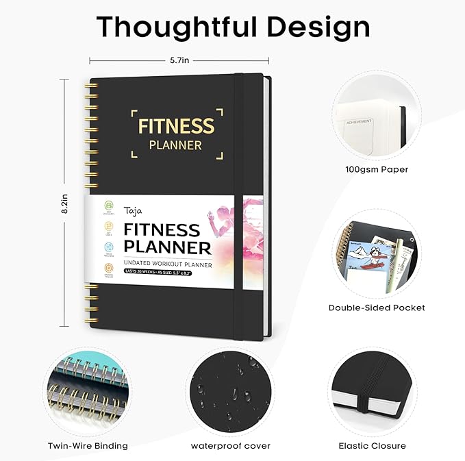 Fitness Workout Journal for Women & Men, A5(5.5" x 8.2") Workout Log Book Planner for Tracking, Progress, and Achieving Your Wellness Goals-Black