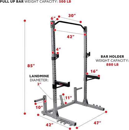 Sunny Health & Fitness Power and Squat Rack with High Weight Capacity Optional Olympic Weight Plate Storage, 360° Swivel Landmine, Power Band Attachment