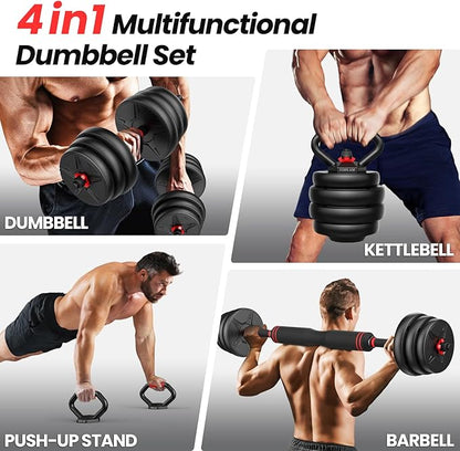 Adjustable dumbbell set, 20/35/55/70lbs Free Weights set with upgraded nut, 4 in 1 Weight Set Used as Kettlebells, Barbell, Push up Stand, Fitness Exercise for Home Gym Suitable Men/Women