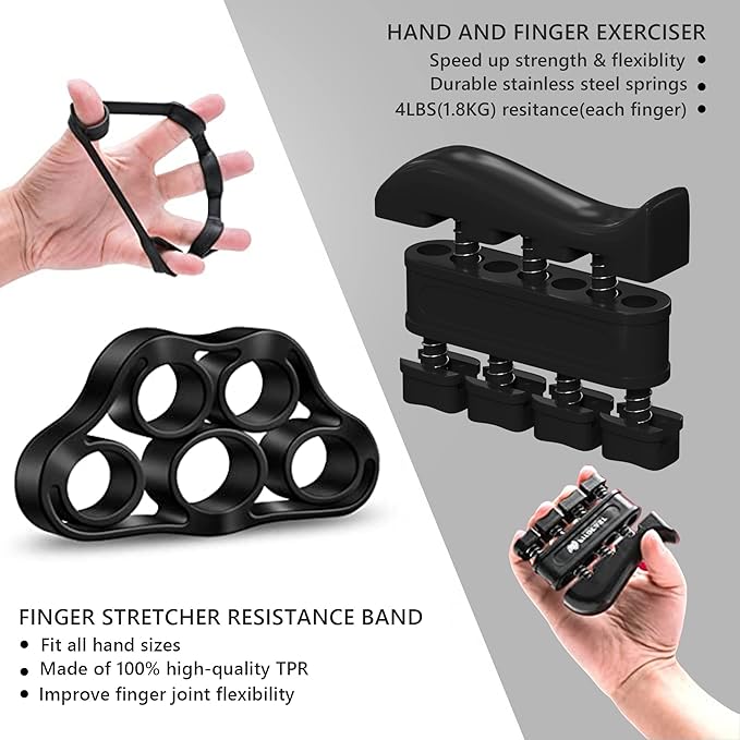 Hand Grip Strengthener Kit with Wrist Strengthener - Ultimate Hand Exerciser Set for Forearm Workout, Adjustable Grip Strength Trainer, Stress Relief Ball, Exercise Ring, Training and Recovery (Frosted Black)