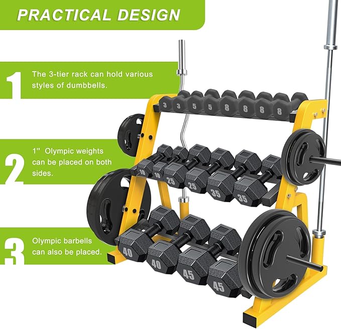 Kipika Heavy Duty Dumbbell Rack Multifunctional, Weight Rack for Dumbbells, Home Gym Equipment, Suitable for Storage of Dumbbell, Barbell Plate, Barbell Bar, Yellow/Black