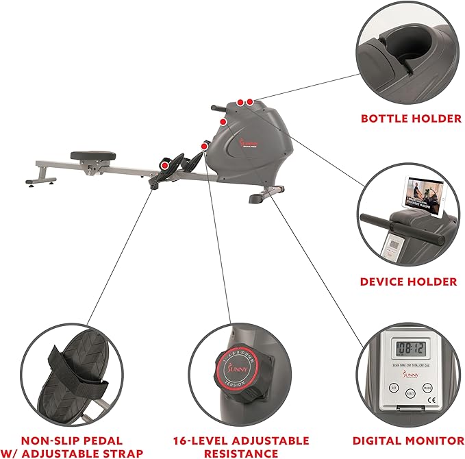 Sunny Health & Fitness Compact Folding Magnetic Rowing Machine with 43 Inch Slide Rail, 285 LB Max Weight, Synergy Power Motion, LCD Digital Monitor, Super Quiet & Smooth, and Ergonomic Foot Pedals