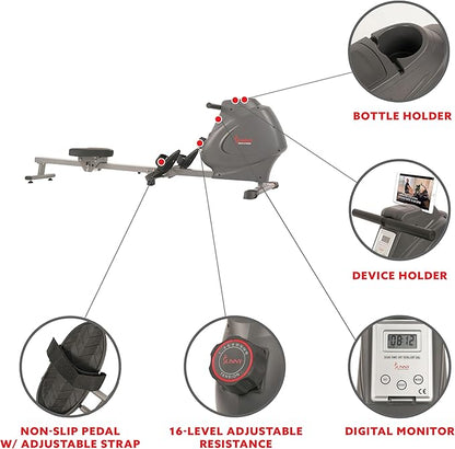 Sunny Health & Fitness Compact Folding Magnetic Rowing Machine with 43 Inch Slide Rail, 285 LB Max Weight, Synergy Power Motion, LCD Digital Monitor, Super Quiet & Smooth, and Ergonomic Foot Pedals