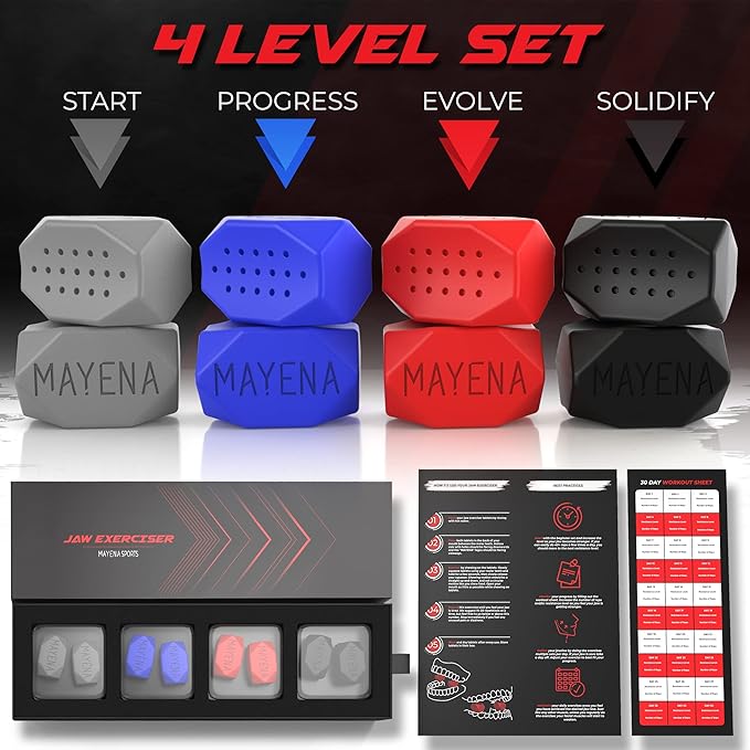 Mayena Jaw Exerciser for Men & Women | 4 Resistance Levels (8pcs) Silicone Jawline Exerciser Tablets | Powerful Jaw Trainer & Jawline Shaper for All Level Users| Slims, Tones& Defines the Face