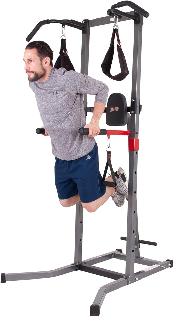 Power Tower 5 in 1 Exercise Equipment, Pull Up Bars, Squat Rack, Dips Machine & More. Sturdy Strength Training, All Body Workout, Adjustable Height, Home Gym, Handles Included, Family Workout,Grey