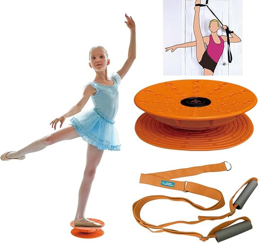 Dance, Cheerleading and Figureskating Trainer Stretching and Balance, 2 Pc. Set, Stretching, Disc Core Board and Flexibility Equipment Strap for Dance, Gymnastics, Turning, Stunt