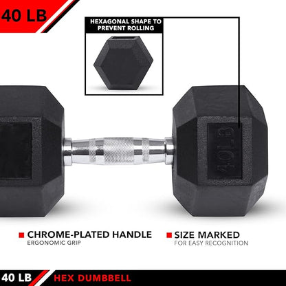 JFIT Rubber Hex Dumbbell - 15 Size, Single and Pair Options, 4-50lbs - Shaped Heads Prevent Rolling and Injury - Ergonomic Hand Weights for Exercise, Therapy, Muscle, Strength and Weight Training